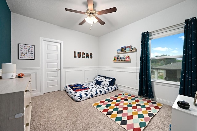 233 Abbeyville Walk, Austin, TX 78738 - bedroom featuring carpet, a wainscoted wall, a ceiling fan, and a decorative wall