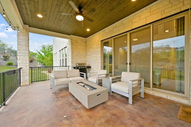 233 Abbeyville Walk, Austin, TX 78738 - view of patio / terrace featuring area for grilling, ceiling fan, and an outdoor living space with a fire pit