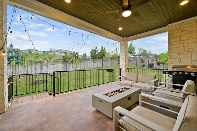 233 Abbeyville Walk, Austin, TX 78738 - view of patio with an outdoor living space with a fire pit, a grill, and a ceiling fan