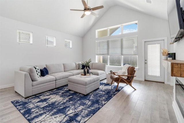 1109 Sweetspire St, Leander, TX 78641 - living room featuring ceiling fan, high vaulted ceiling, light wood-type flooring, plenty of natural light, and baseboards