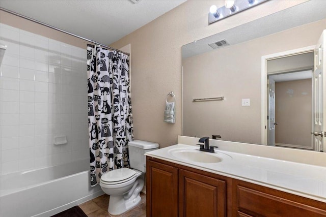 bathroom featuring shower / bathtub combination with curtain, vanity, toilet, visible vents, and tile patterned flooring