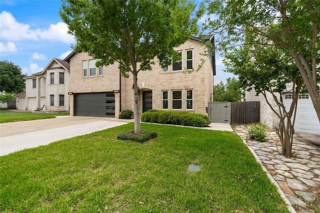 view of front of house featuring an attached garage, driveway, a gate, and a front yard