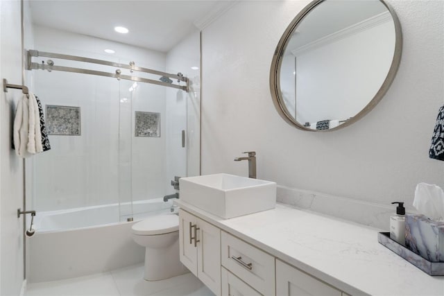bathroom with tile patterned flooring, vanity, combined bath / shower with glass door, toilet, and recessed lighting