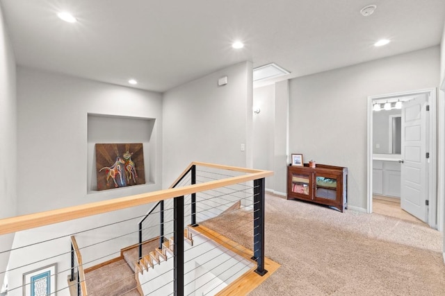2420 Soprano Way, Round Rock, TX 78681 - hall featuring recessed lighting, carpet flooring, and an upstairs landing