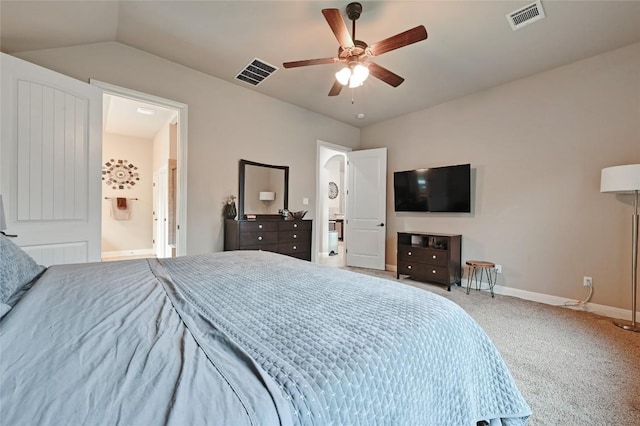 carpeted bedroom featuring visible vents, ceiling fan, lofted ceiling, and baseboards