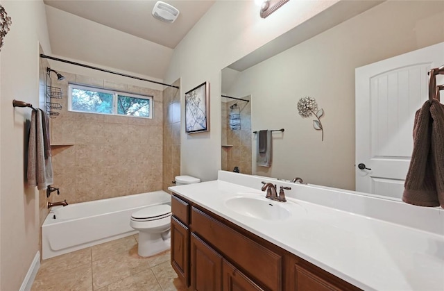 bathroom featuring toilet, shower / bath combination, vanity, and visible vents
