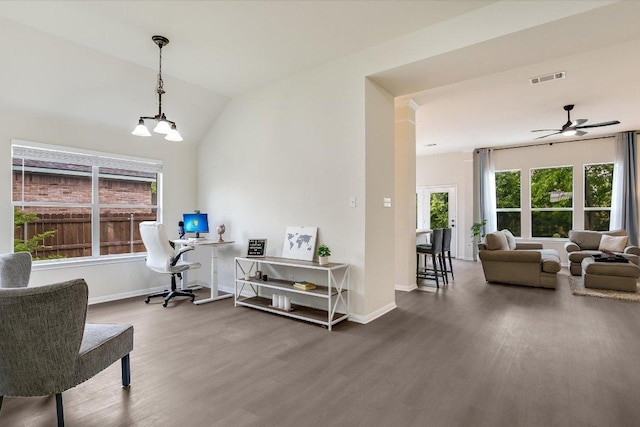 11805 Larch Valley Dr, Austin, TX 78754 - home office featuring wood finished floors, vaulted ceiling, and a ceiling fan