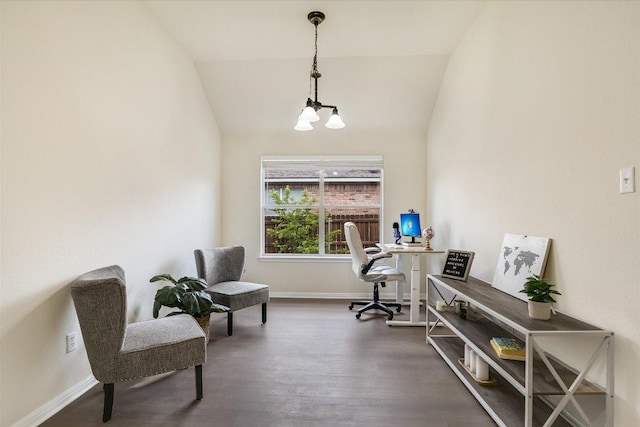 11805 Larch Valley Dr, Austin, TX 78754 - office featuring a chandelier, lofted ceiling, and wood finished floors