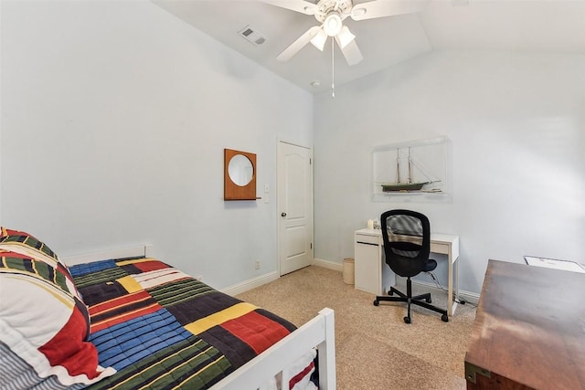 carpeted bedroom featuring baseboards, visible vents, a ceiling fan, and high vaulted ceiling