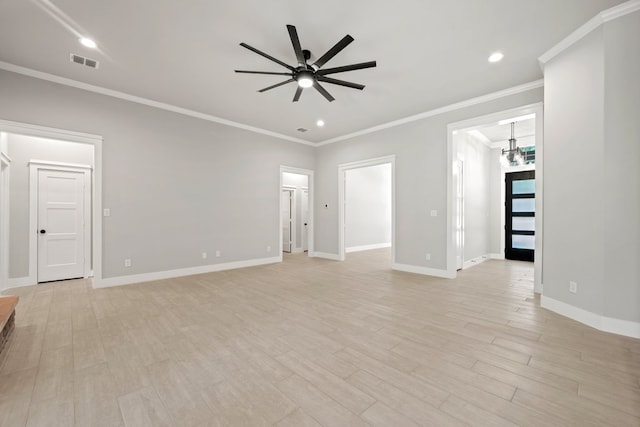 unfurnished living room with visible vents, ornamental molding, a ceiling fan, and light wood finished floors