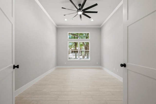 spare room with crown molding, ceiling fan, light wood-style floors, baseboards, and recessed lighting
