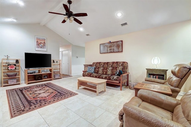 living room with visible vents, vaulted ceiling with beams, ceiling fan, and light tile patterned flooring
