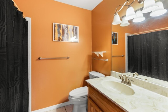 full bathroom with toilet, a shower with curtain, tile patterned flooring, and vanity