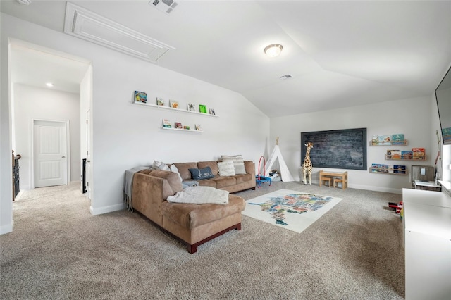 carpeted living room with attic access, visible vents, vaulted ceiling, and baseboards