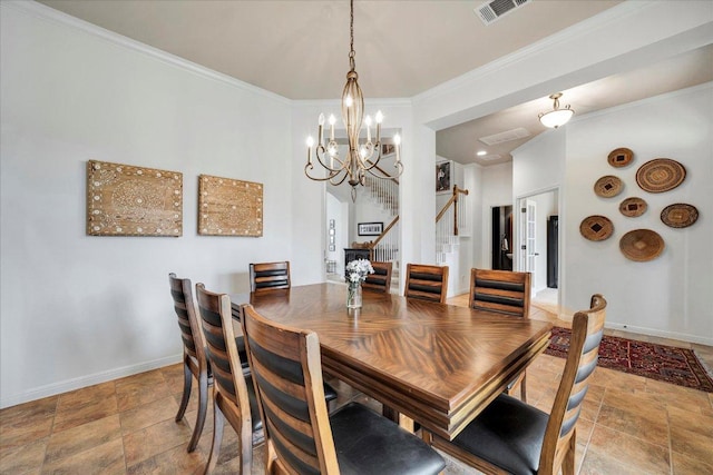 440 Currie Ranch Rd, Wimberley, TX 78676 - dining area featuring stone tile floors, visible vents, baseboards, an inviting chandelier, and stairs