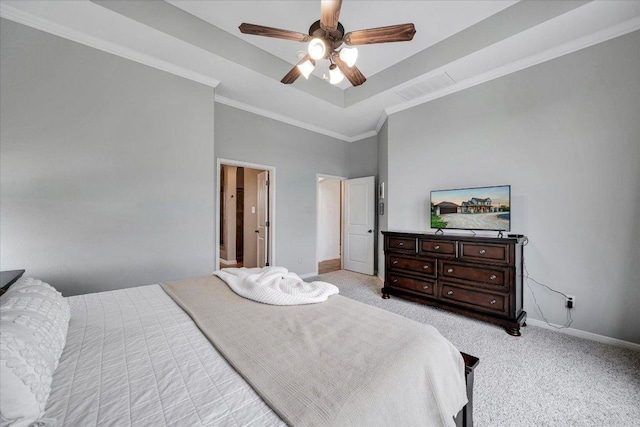 440 Currie Ranch Rd, Wimberley, TX 78676 - carpeted bedroom with baseboards, visible vents, ornamental molding, and a ceiling fan