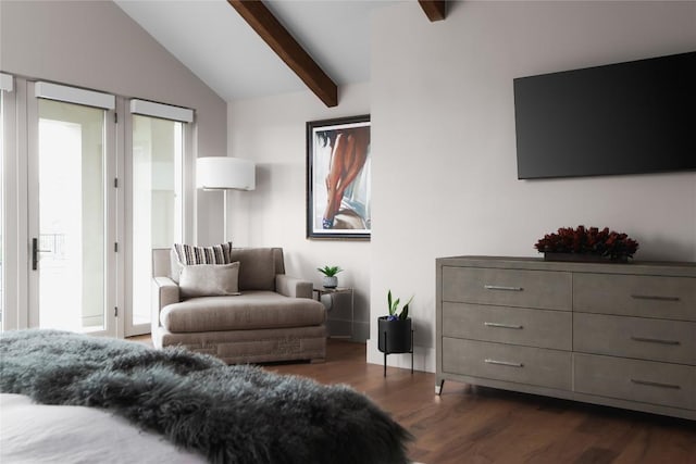 bedroom featuring dark wood-style flooring, lofted ceiling with beams, and multiple windows
