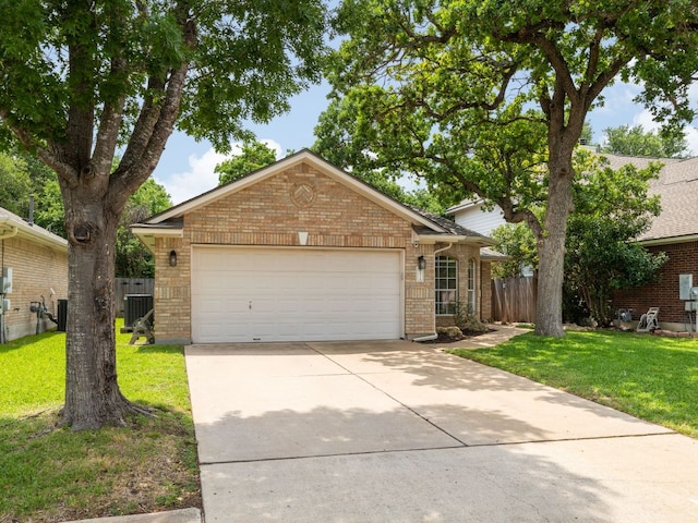 view of front of property featuring fence, driveway, a front lawn, and brick siding