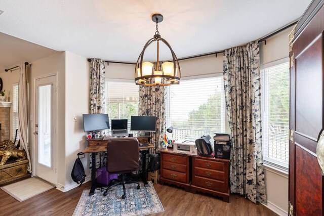 4906 Thunderbird Dr, Lago Vista, TX 78645 - office area featuring wood finished floors and a chandelier