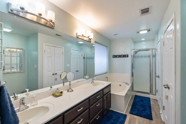 4906 Thunderbird Dr, Lago Vista, TX 78645 - bathroom featuring wood finished floors, a shower stall, a bath, and double vanity