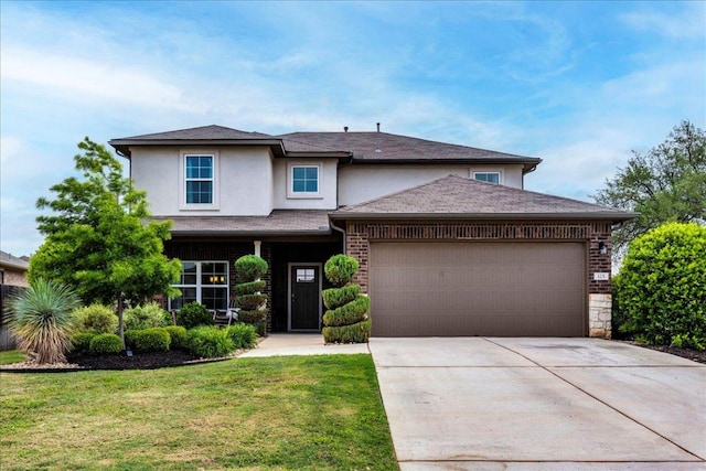view of front of property featuring concrete driveway, stucco siding, a front yard, and a garage