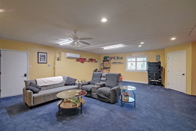 living area featuring recessed lighting, ceiling fan, a wall unit AC, and carpet