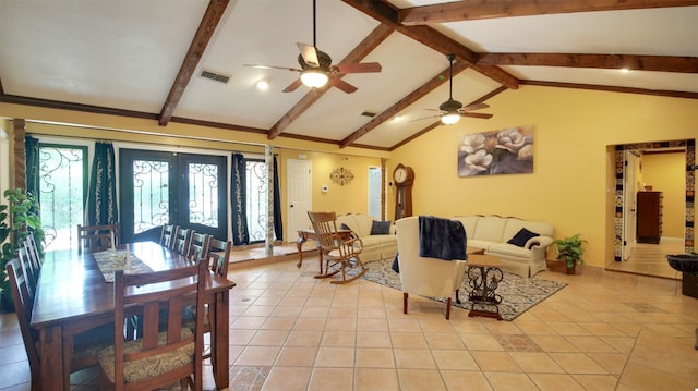 living area featuring light tile patterned floors, visible vents, lofted ceiling with beams, ceiling fan, and french doors
