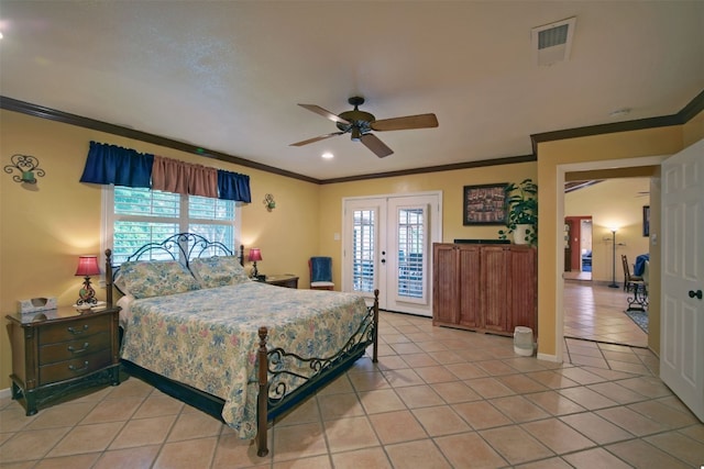 bedroom featuring ornamental molding, access to exterior, visible vents, and light tile patterned floors