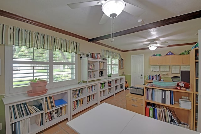 living area with light tile patterned flooring and a ceiling fan