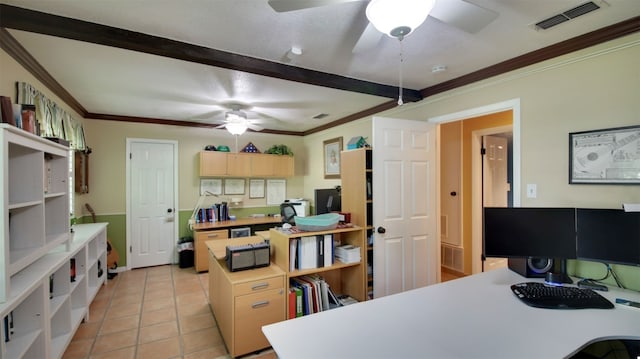 office featuring ornamental molding, a ceiling fan, visible vents, and light tile patterned floors