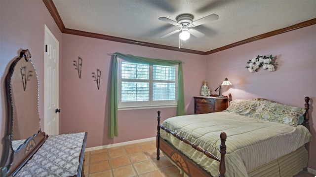 3005 Crystal Cir, Taylor, TX 76574 - bedroom with crown molding, baseboards, a ceiling fan, light tile patterned flooring, and a textured ceiling