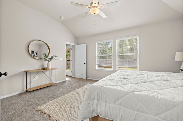135 Hackberry Ln, Bastrop, TX 78602 - carpeted bedroom featuring baseboards, a ceiling fan, and vaulted ceiling