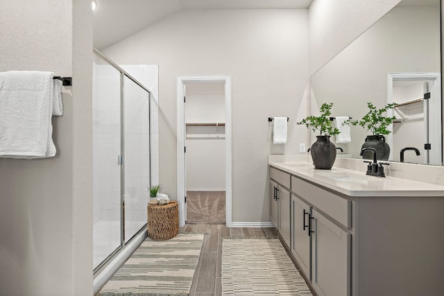 135 Hackberry Ln, Bastrop, TX 78602 - bathroom with a shower stall, a sink, a spacious closet, wood tiled floor, and lofted ceiling
