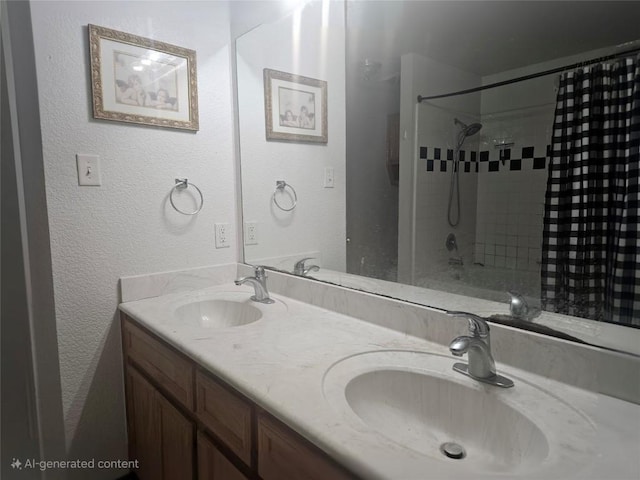 full bathroom featuring a shower, double vanity, a textured wall, and a sink