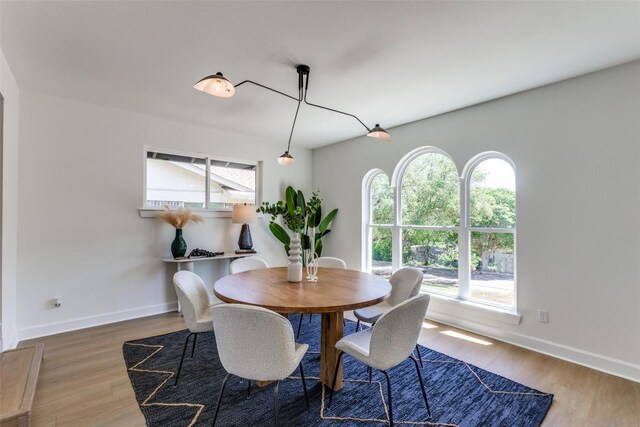 dining space featuring wood finished floors, plenty of natural light, and baseboards