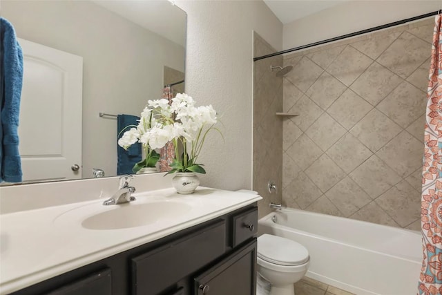 bathroom with shower / bathtub combination with curtain, toilet, tile patterned flooring, and vanity