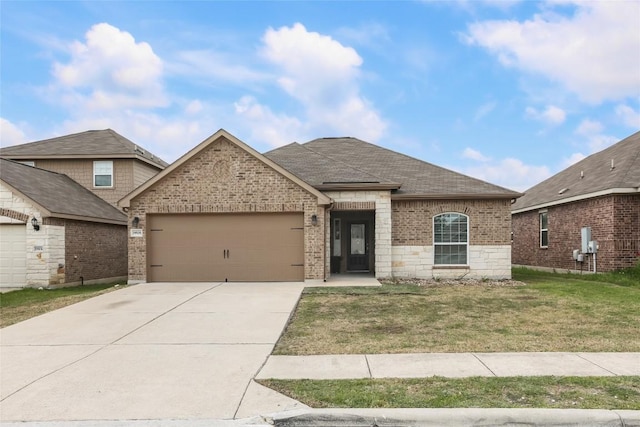 view of front of house featuring a front yard, brick siding, roof with shingles, concrete driveway, and an attached garage