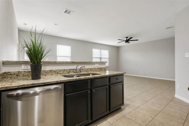 kitchen featuring light tile patterned floors, a sink, visible vents, dishwasher, and a ceiling fan