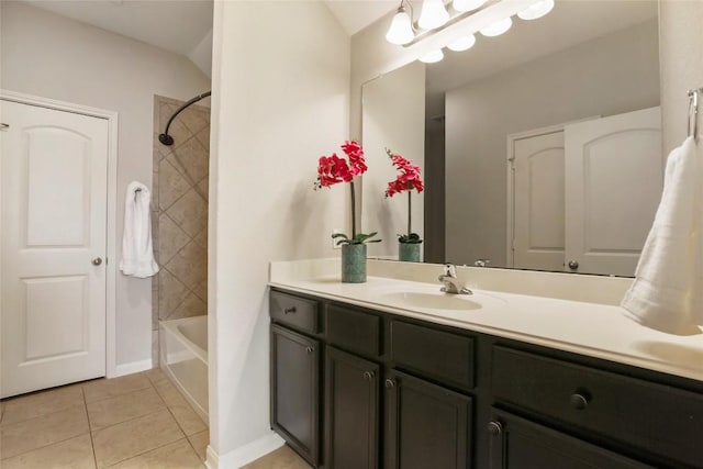 full bathroom with vanity, baseboards, tile patterned flooring, and bathing tub / shower combination