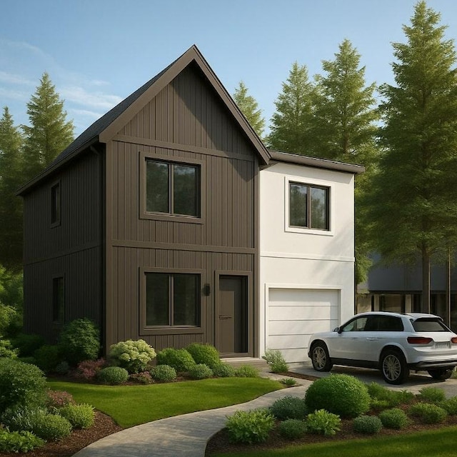 modern farmhouse featuring an attached garage