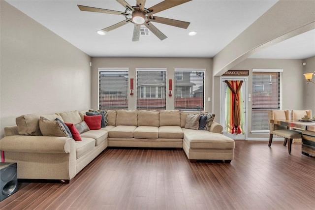3306 Castleton Dr, Killeen, TX 76542 - living room featuring recessed lighting, dark wood finished floors, ceiling fan, and visible vents