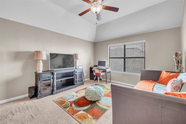 3306 Castleton Dr, Killeen, TX 76542 - carpeted living room with ceiling fan, vaulted ceiling, and baseboards