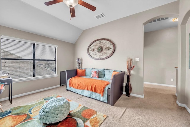 3306 Castleton Dr, Killeen, TX 76542 - carpeted bedroom with arched walkways, visible vents, vaulted ceiling, and baseboards