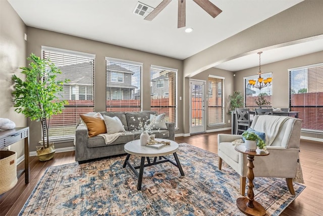 3306 Castleton Dr, Killeen, TX 76542 - living area featuring a chandelier, ceiling fan, wood finished floors, and recessed lighting