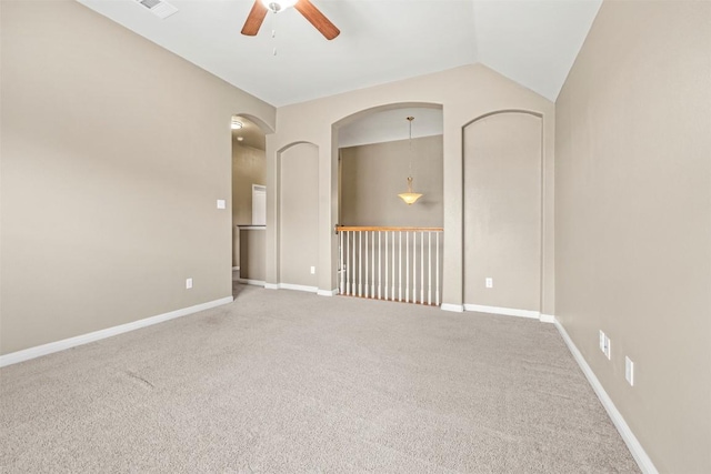 3306 Castleton Dr, Killeen, TX 76542 - carpeted spare room featuring ceiling fan, vaulted ceiling, and arched walkways