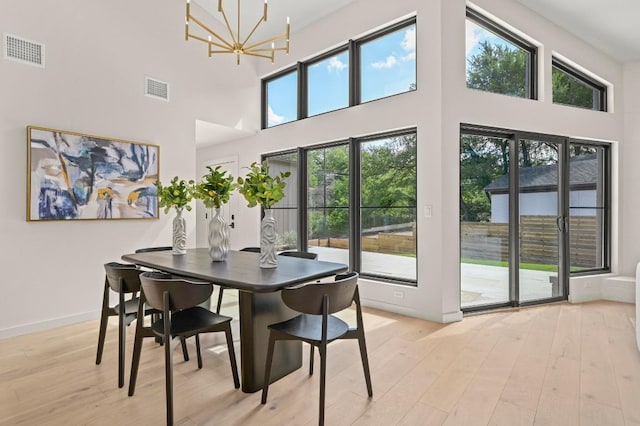 2001 Circle Hvn, Austin, TX 78741 - dining area featuring a high ceiling, light wood finished floors, a chandelier, and plenty of natural light