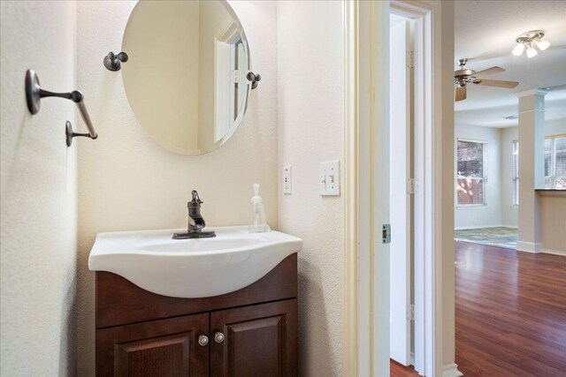 bathroom featuring wood finished floors, a ceiling fan, and vanity
