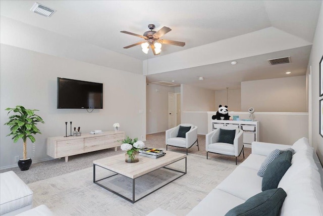living area with visible vents, a ceiling fan, recessed lighting, and carpet floors