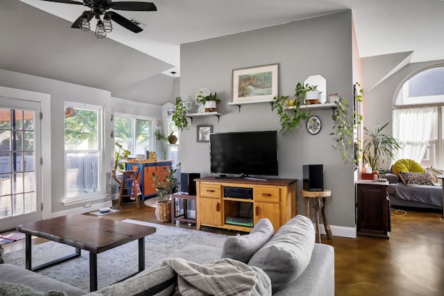 3011 Foxton Cv, Austin, TX 78748 - living area featuring plenty of natural light, ceiling fan, baseboards, and high vaulted ceiling