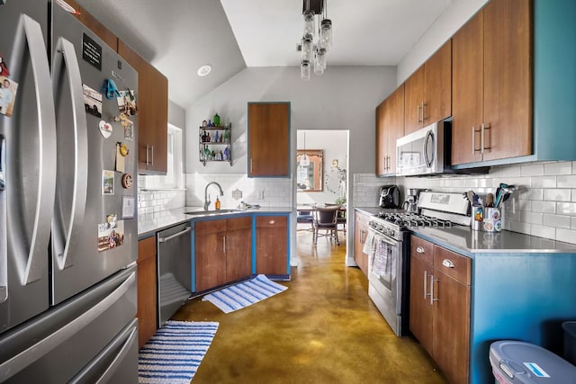 3011 Foxton Cv, Austin, TX 78748 - kitchen with stainless steel appliances, finished concrete floors, backsplash, lofted ceiling, and a sink